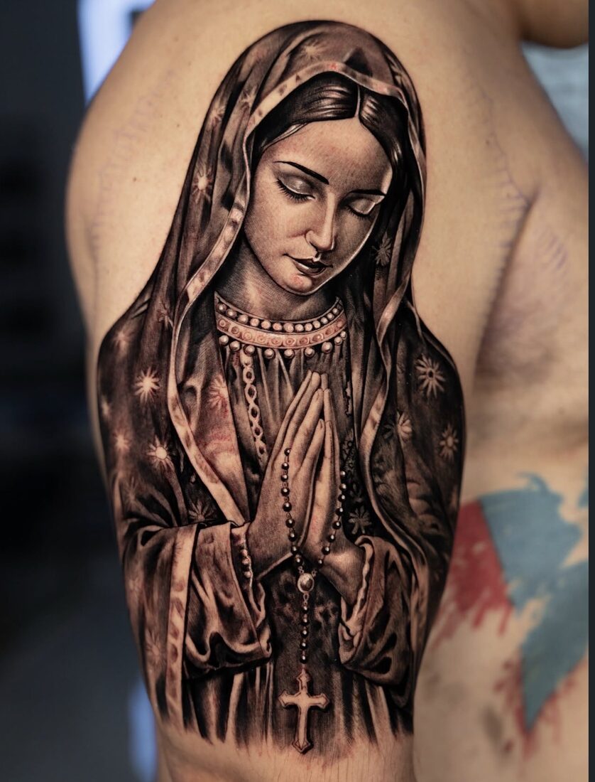 Black and grey realism religious Virgin Mary tattoo by Robert Pho