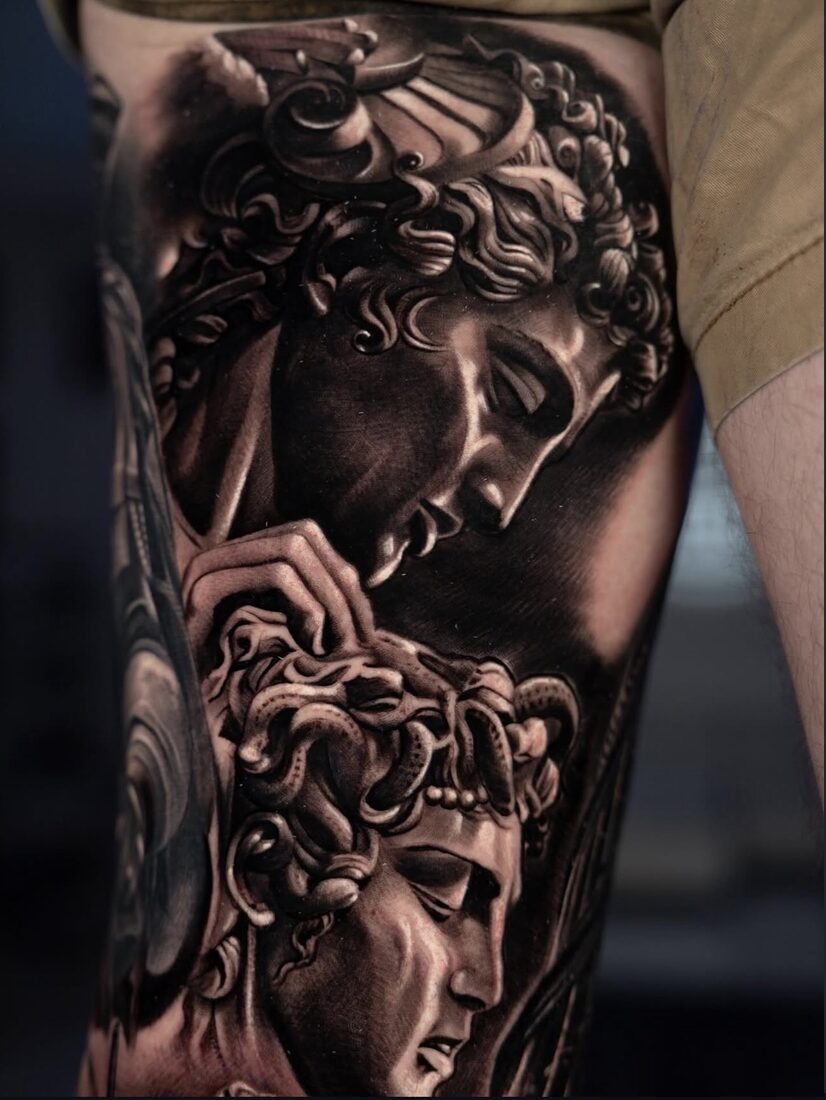 Black and grey realism classical sculpture tattoo by Robert Pho
